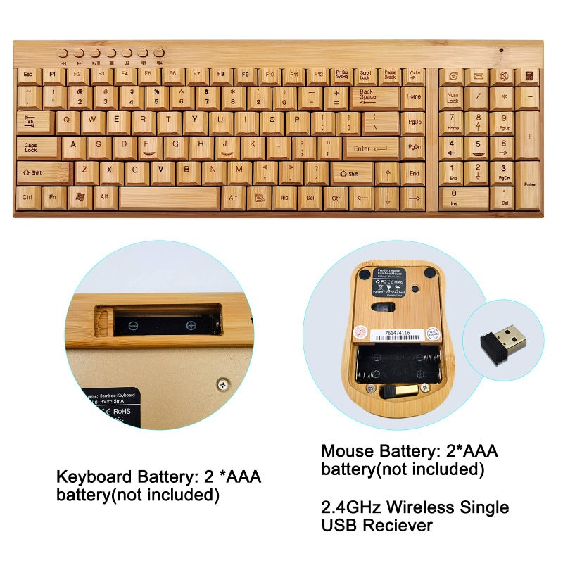 SMARTTECH Smart Tech Handcrafted Natural Bamboo Wooden PC Wireless 2.4GHz Keyboard and Mouse Combo - Image 5